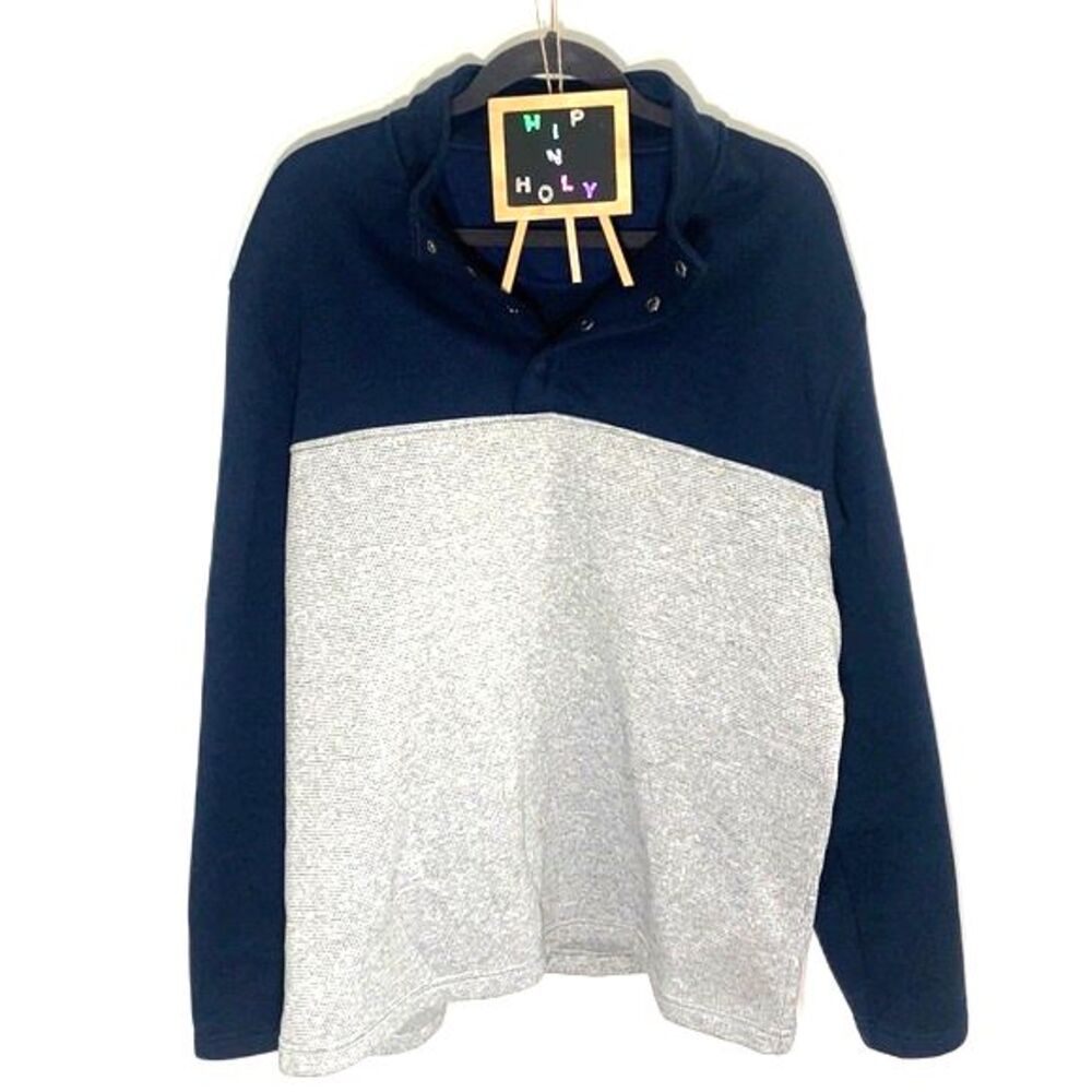 Izod Color Block Pullover 1/4 Snap Button Down Sweatshirt Blue Gray Size XL
